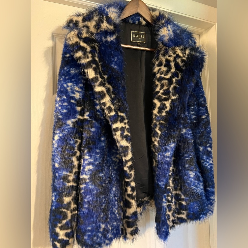 Guess Leopard print blue faux fur coat